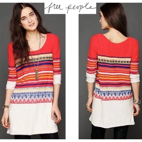 Free People Alpine Stripe Red Boho Aztec Long Sleeve Lined Sweater Dress Small - Picture 1 of 10